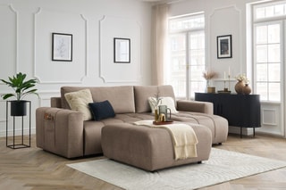 Canapé d'angle réversible convertible avec pouf Arsene - Taupe - Couchage 232 x 135 cm