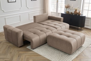 Canapé d'angle réversible convertible avec pouf Arsene - Taupe - Couchage 232 x 135 cm