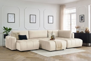 Canapé d'angle gauche panoramique convertible avec pouf Arsene - Beige - Couchage 135 x 325 cm