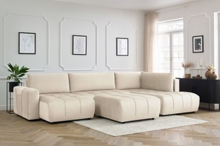 Canapé d'angle gauche panoramique convertible avec pouf Arsene - Beige - Couchage 135 x 325 cm