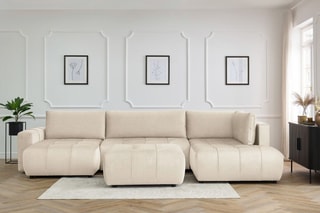 Canapé d'angle gauche panoramique convertible avec pouf Arsene - Beige - Couchage 135 x 325 cm