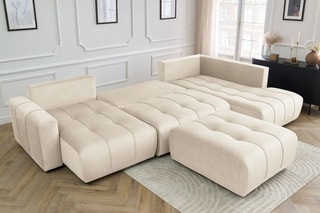 Canapé d'angle gauche panoramique convertible avec pouf Arsene - Beige - Couchage 135 x 325 cm