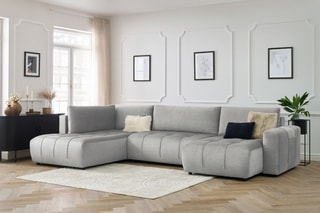 Canapé d'angle droit panoramique convertible Arsene - Gris clair - Couchage 135 x 325 cm
