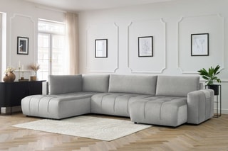 Canapé d'angle droit panoramique convertible Arsene - Gris clair - Couchage 135 x 325 cm