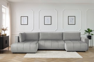 Canapé d'angle droit panoramique convertible Arsene - Gris clair - Couchage 135 x 325 cm