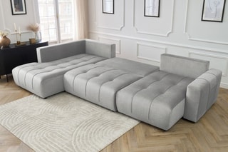 Canapé d'angle droit panoramique convertible Arsene - Gris clair - Couchage 135 x 325 cm