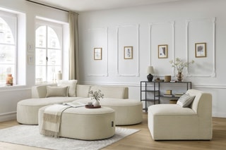 Canapé d'angle gauche modulable, chauffeuse et pouf  Rousseau - Beige
