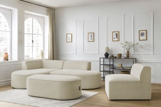 Canapé d'angle gauche modulable, chauffeuse et pouf  Rousseau - Beige