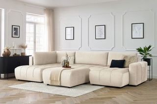 Canapé d'angle droit panoramique convertible avec pouf Arsene - Beige - Couchage 135 x 325 cm