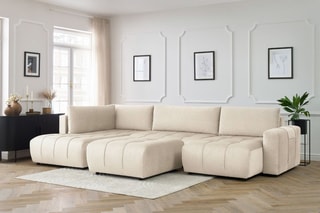 Canapé d'angle droit panoramique convertible avec pouf Arsene - Beige - Couchage 135 x 325 cm