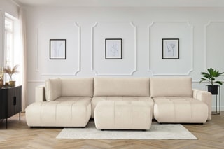 Canapé d'angle droit panoramique convertible avec pouf Arsene - Beige - Couchage 135 x 325 cm