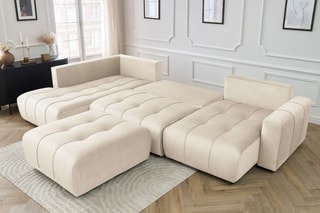 Canapé d'angle droit panoramique convertible avec pouf Arsene - Beige - Couchage 135 x 325 cm