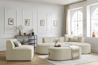 Canapé d'angle droit modulable, chauffeuse et pouf  Rousseau - Beige