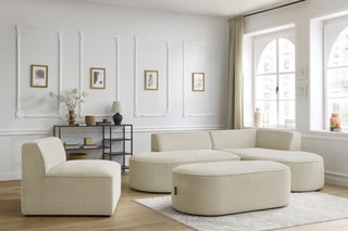 Canapé d'angle droit modulable, chauffeuse et pouf  Rousseau - Beige