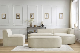 Canapé d'angle droit modulable, chauffeuse et pouf  Rousseau - Beige