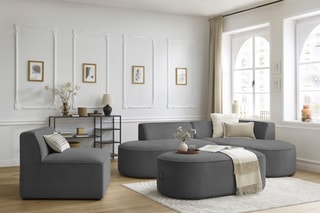 Canapé d'angle droit modulable, chauffeuse et pouf  Rousseau - Gris foncé