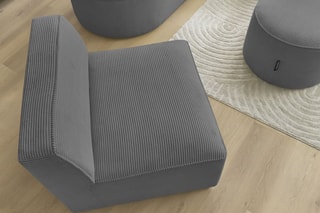 Canapé d'angle droit modulable, chauffeuse et pouf  Rousseau - Gris foncé