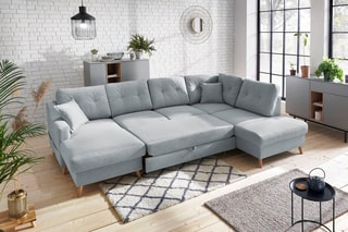 Canapé d'angle gauche panoramique convertible Sweden - Gris - Couchage 260 x 130 cm