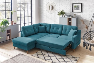Canapé d'angle gauche convertible Sweden - Bleu canard - Couchage 130 x 200 cm