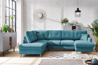 Canapé d'angle panoramique droit convertible Sweden - Turquoise - Couchage 130 x 260 cm