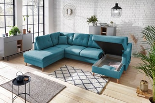 Canapé d'angle panoramique droit convertible Sweden - Turquoise - Couchage 130 x 260 cm