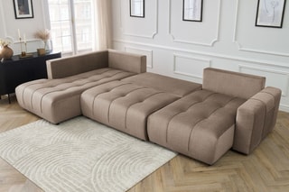 Canapé d'angle droit panoramique convertible Arsene - Taupe - Couchage 135 x 325 cm