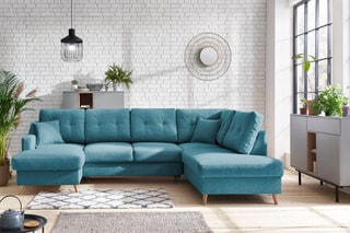 Canapé d'angle panoramique gauche convertible Sweden - Turquoise - Couchage 130 x 260 cm