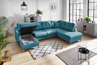 Canapé d'angle panoramique gauche convertible Sweden - Turquoise - Couchage 130 x 260 cm