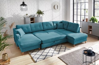Canapé d'angle panoramique gauche convertible Sweden - Turquoise - Couchage 130 x 260 cm