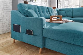 Canapé d'angle panoramique gauche convertible Sweden - Turquoise - Couchage 130 x 260 cm