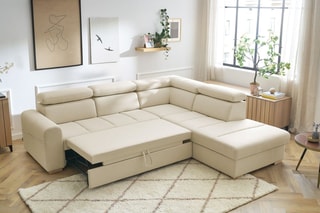 Canapé d'angle droit convertible Armand - Beige - Couchage 198 x 127 cm