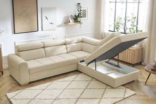 Canapé d'angle droit convertible Armand - Beige - Couchage 198 x 127 cm
