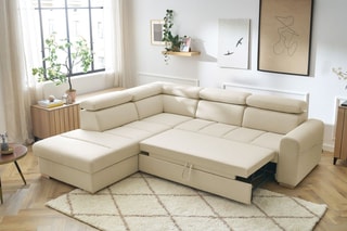 Canapé d'angle gauche convertible Armand - Beige - Couchage 198 x 127 cm