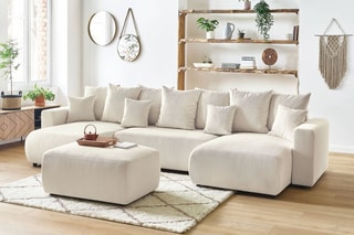 Canapé panoramique convertible et pouf Envy - Crème - Couchage 330 x 139 cm
