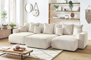 Canapé panoramique convertible et pouf Envy - Crème - Couchage 330 x 139 cm