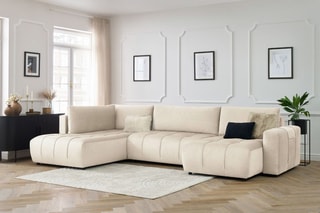Canapé d'angle droit panoramique convertible Arsene - Beige - Couchage 135 x 325 cm