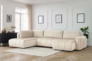 Canapé d'angle droit panoramique convertible Arsene - Beige - Couchage 135 x 325 cm