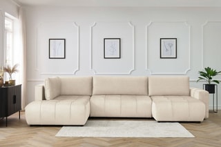Canapé d'angle droit panoramique convertible Arsene - Beige - Couchage 135 x 325 cm