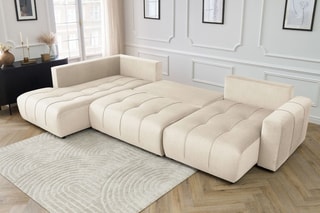 Canapé d'angle droit panoramique convertible Arsene - Beige - Couchage 135 x 325 cm