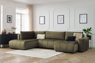 Canapé d'angle droit panoramique convertible Arsene - Vert - Couchage 135 x 325 cm