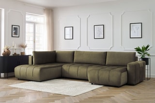 Canapé d'angle droit panoramique convertible Arsene - Vert - Couchage 135 x 325 cm