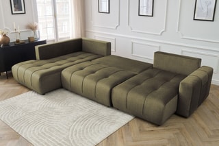 Canapé d'angle droit panoramique convertible Arsene - Vert - Couchage 135 x 325 cm