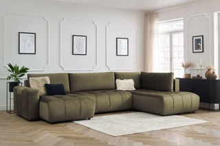 Canapé d'angle gauche panoramique convertible Arsene - Vert - Couchage 135 x 325 cm