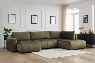 Canapé d'angle gauche panoramique convertible Arsene - Vert - Couchage 135 x 325 cm