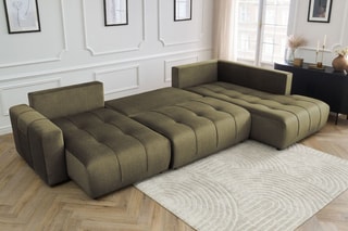 Canapé d'angle gauche panoramique convertible Arsene - Vert - Couchage 135 x 325 cm