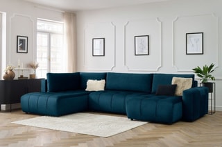 Canapé d'angle droit panoramique convertible Arsene - Bleu - Couchage 135 x 325 cm