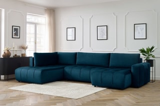 Canapé d'angle droit panoramique convertible Arsene - Bleu - Couchage 135 x 325 cm
