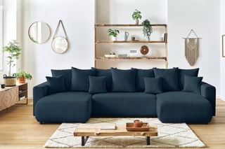 Canapé d'angle panoramique convertible Envy - Bleu canard - Couchage 330 x 139 cm