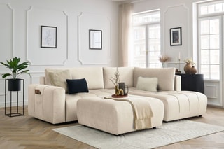 Canapé d'angle droit convertible avec pouf Arsene - Beige - Couchage 135 x 228 cm