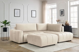 Canapé d'angle droit convertible avec pouf Arsene - Beige - Couchage 135 x 228 cm